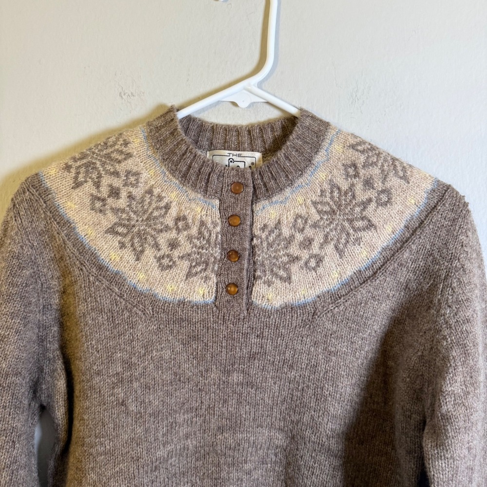 Woolrich Vintage Fair Isle Wool Henley Sweater Brown Snowflake Nordic Womens - Picture 2 of 6